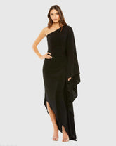 Black One Shoulder Cape Sleeve Ruched Detail Jersey Dress